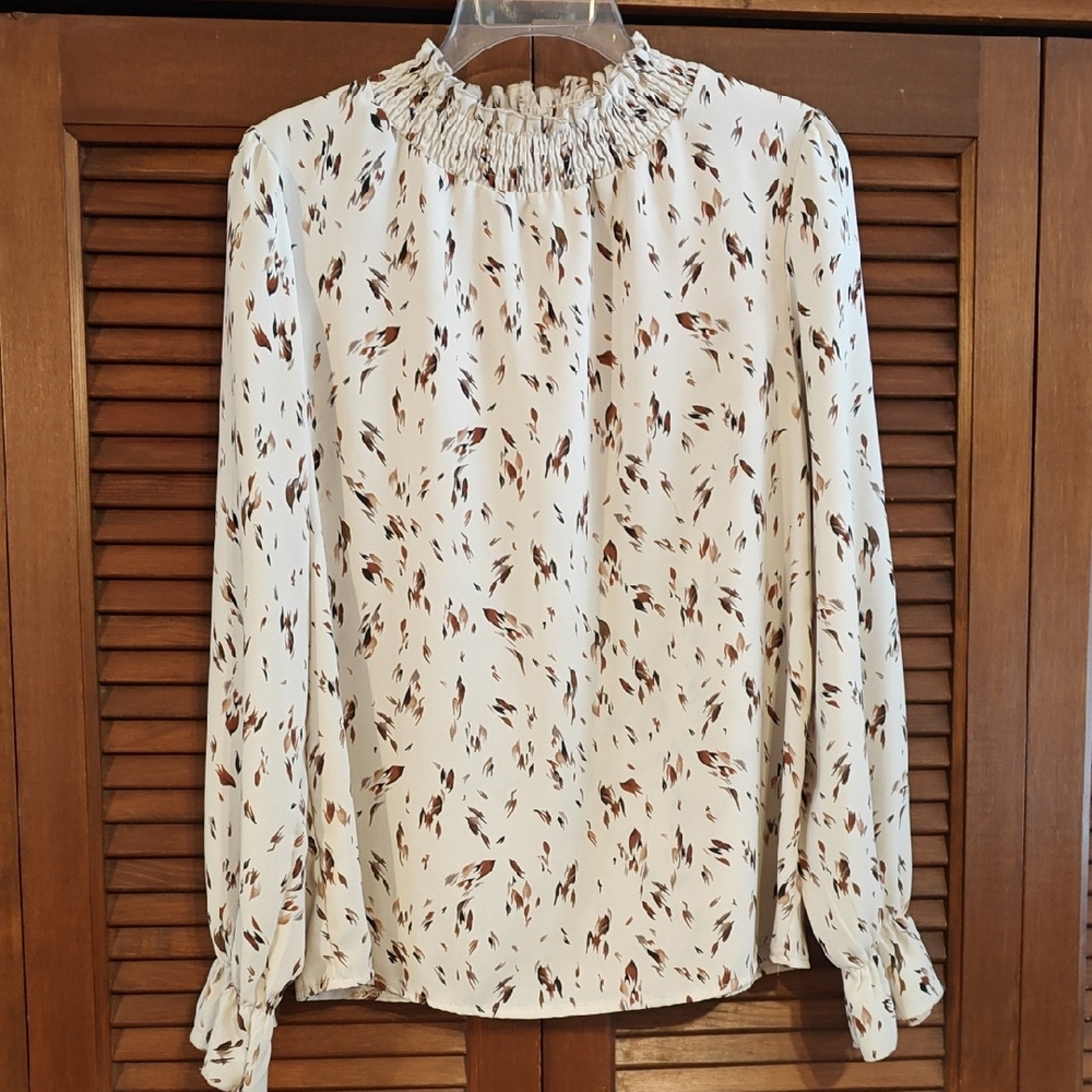 SHEIN Cream Blouse with Brown Leaf Print